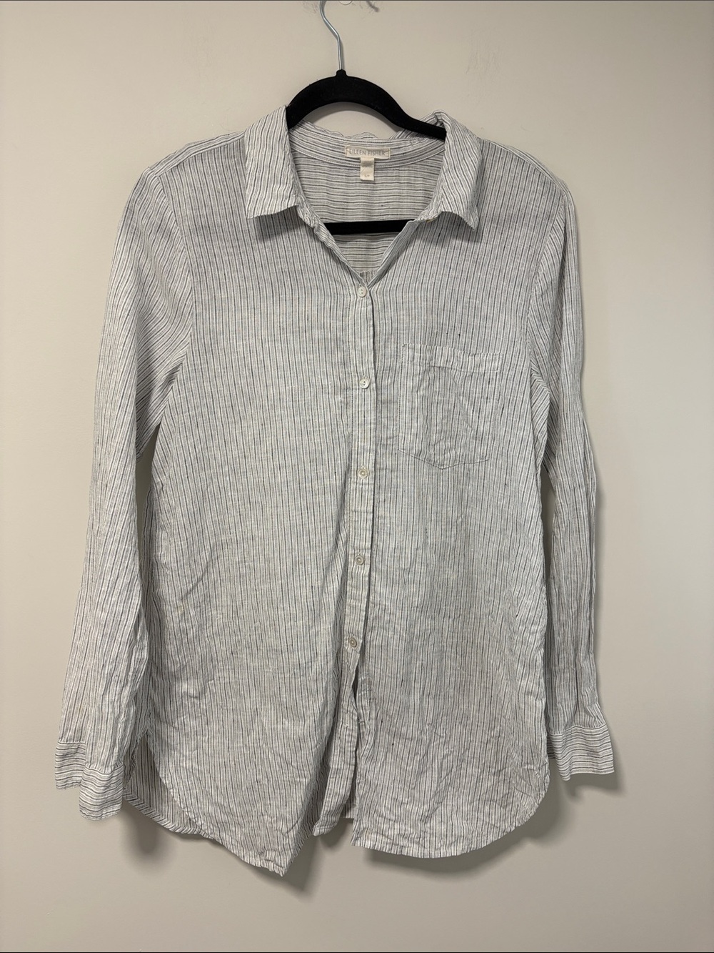 Eileen Fisher White and Light Gray Striped Linen Button-Down Shirt